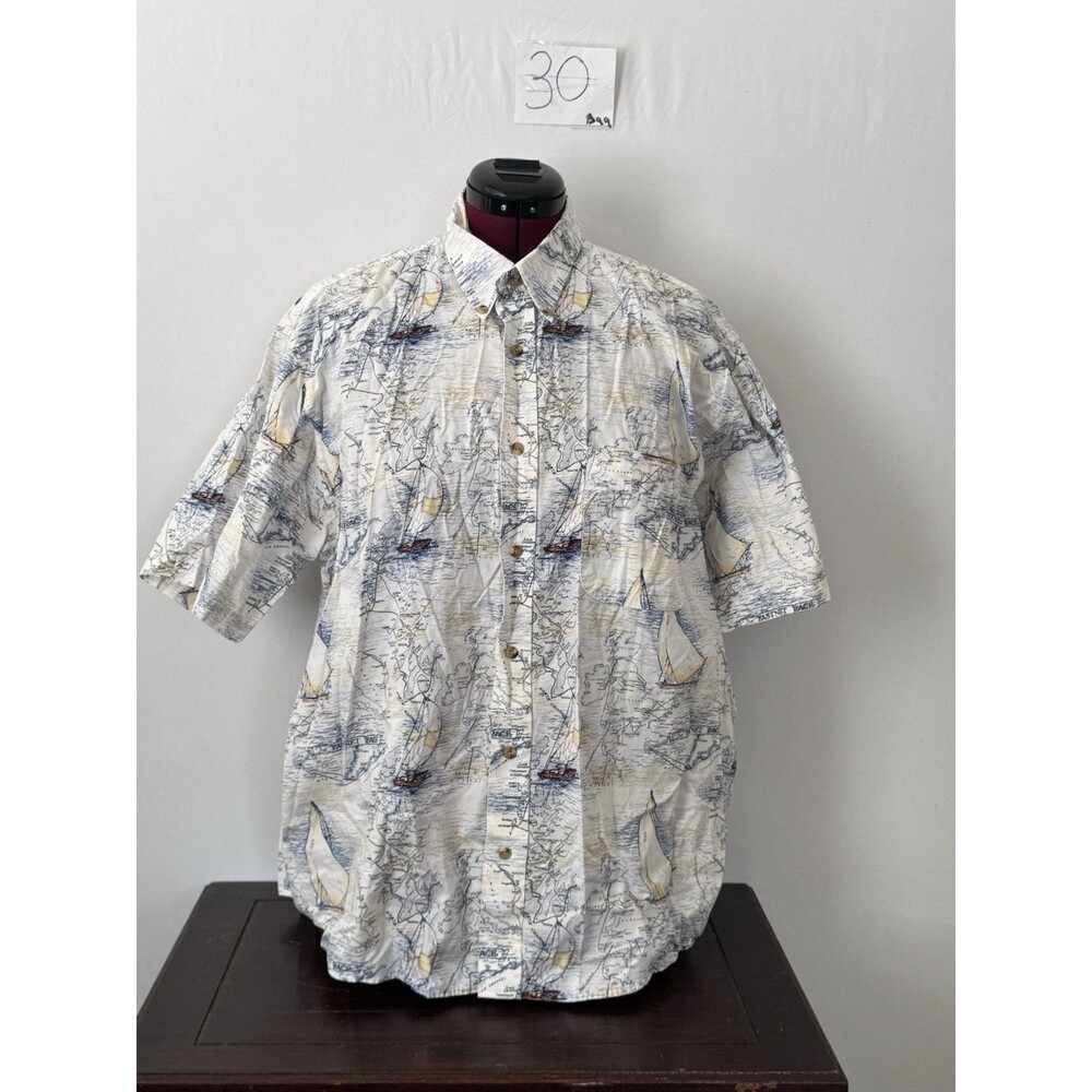 Natural Issue Nautical Sailboat Map Print Button Shirt XL 100% Cotton Coastal